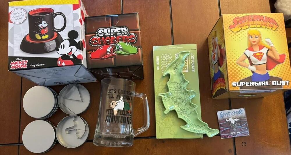 Disney Mickey Mug Warmer Family Guy Mug Lootcrate Pin Tray Supergirl Bust Cookie